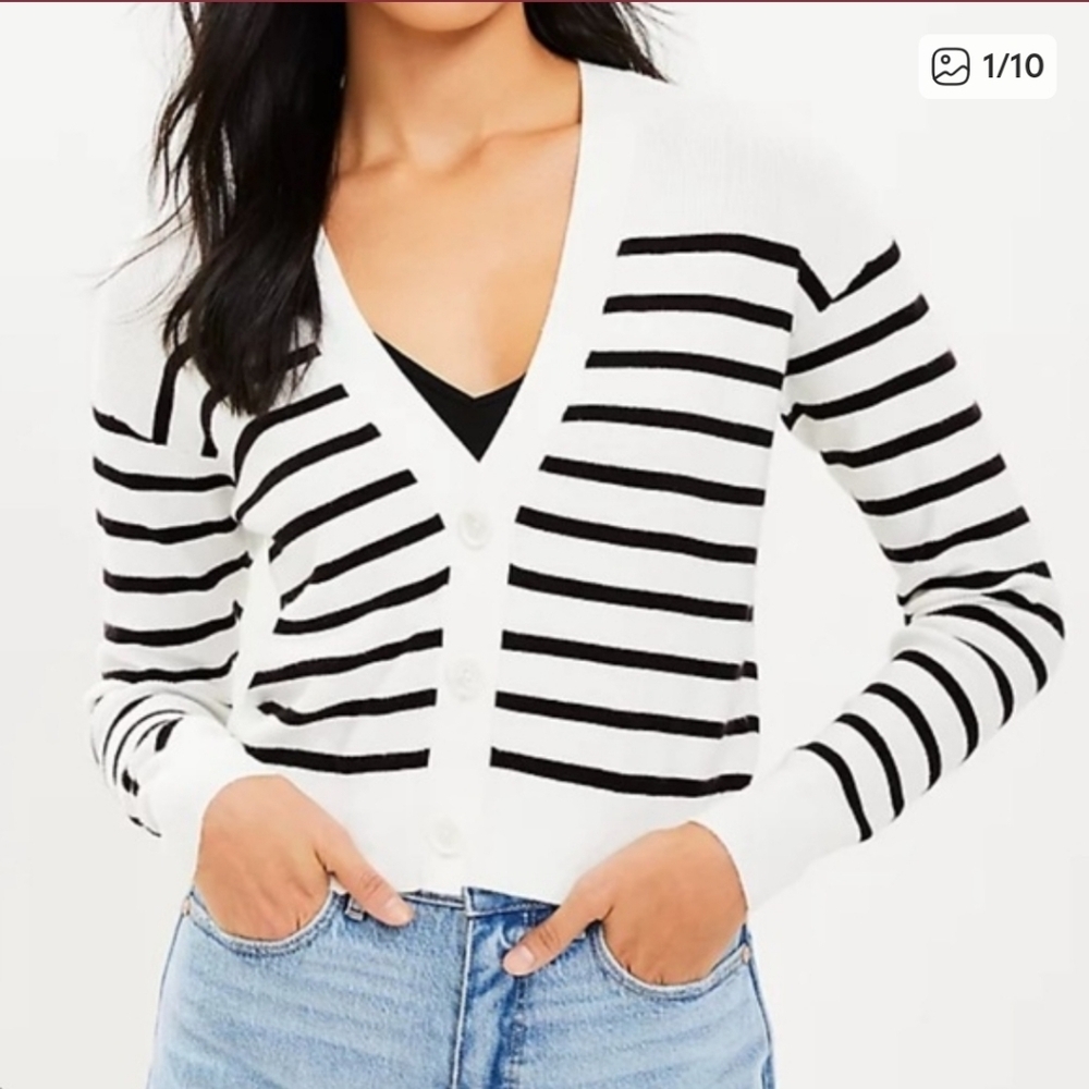 Loft Black White Stripe Minimalist Preppy Long Sleeve Button Cardigan Medium
